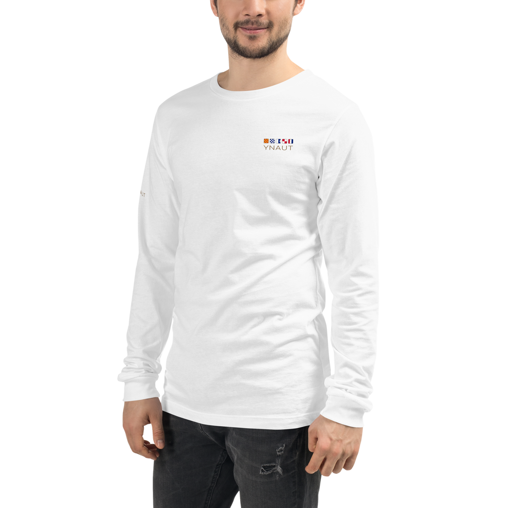 Premium Lightweight Long Sleeve Tee | Signal Collection | YNAUT with printed YNAUT Signal logo, white, left front view
