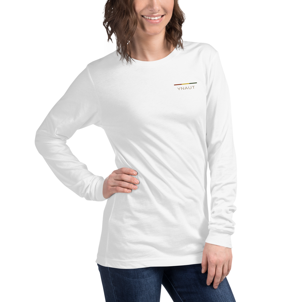 Premium Long Sleeve Tee | Rhythm Collection | YNAUT with printed YNAUT logo, unisex-long-sleeve-tee-white-right-front-6ab30276005f9