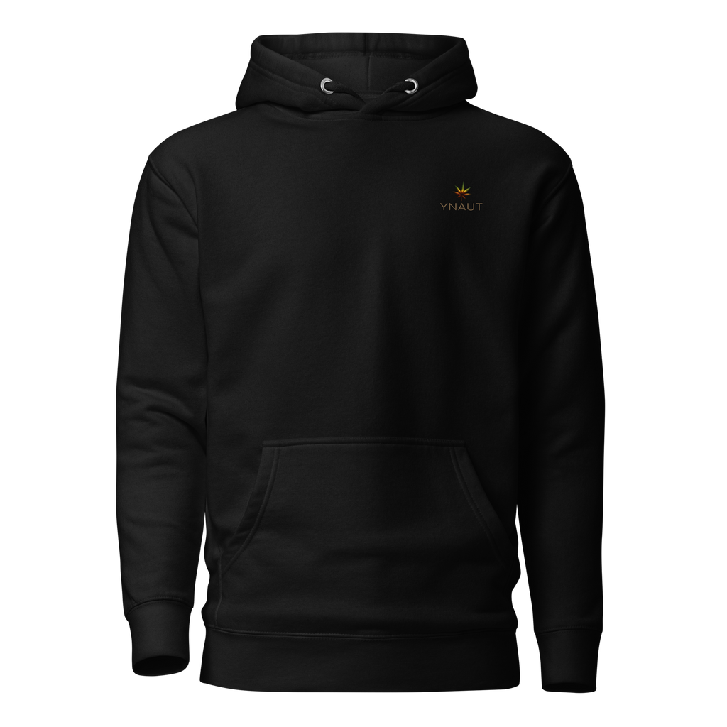 YNAUT Unisex Hoodie with printed YNAUT logo, unisex-premium-pullover-hoodie-black-front-69d92b525530b