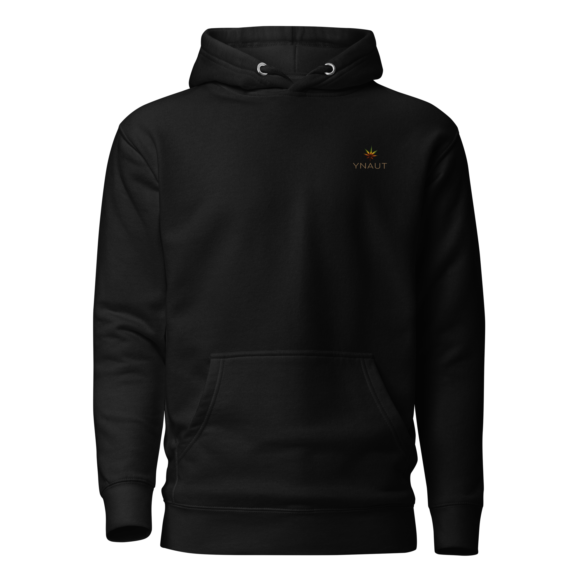 YNAUT Unisex Hoodie with printed YNAUT logo, unisex-premium-pullover-hoodie-black-front-69d92b525530b