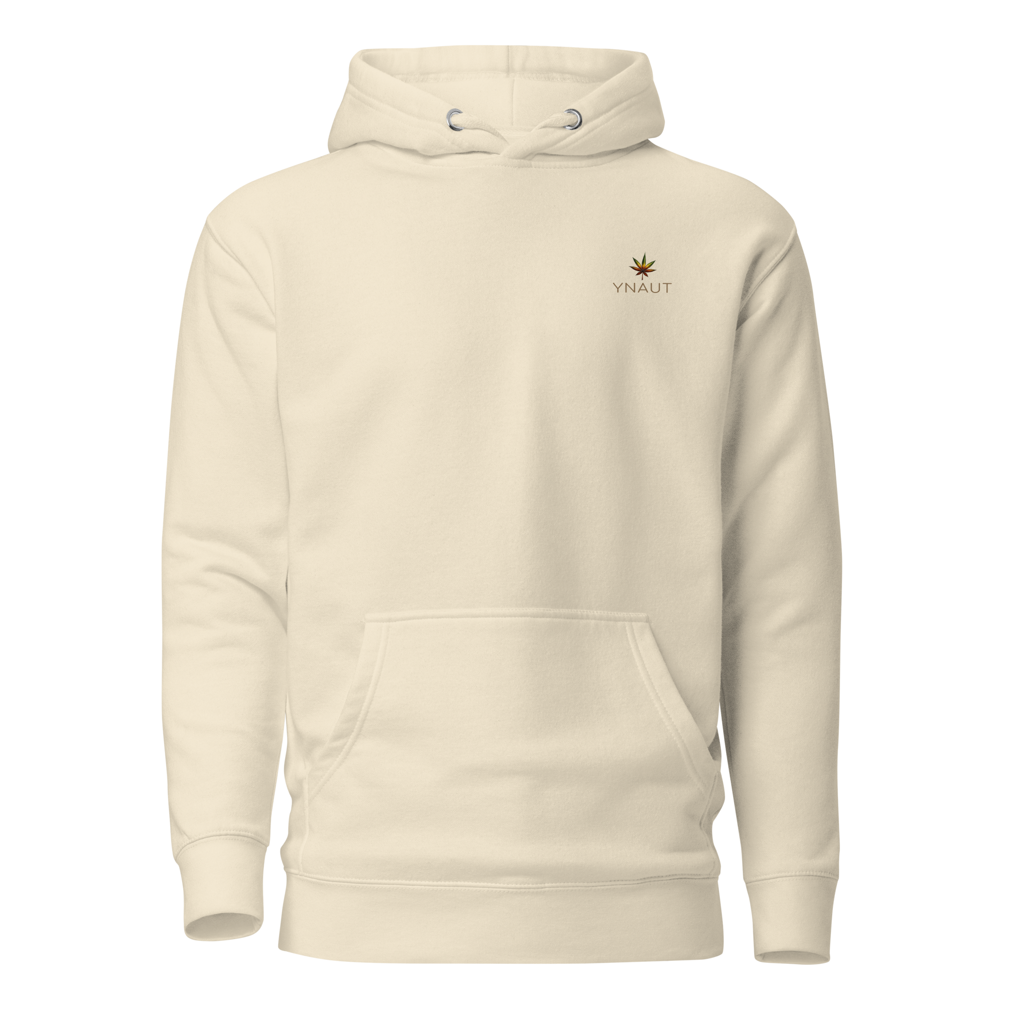 YNAUT Unisex Hoodie with printed YNAUT logo, unisex-premium-pullover-hoodie-bone-front-69d92b5255601