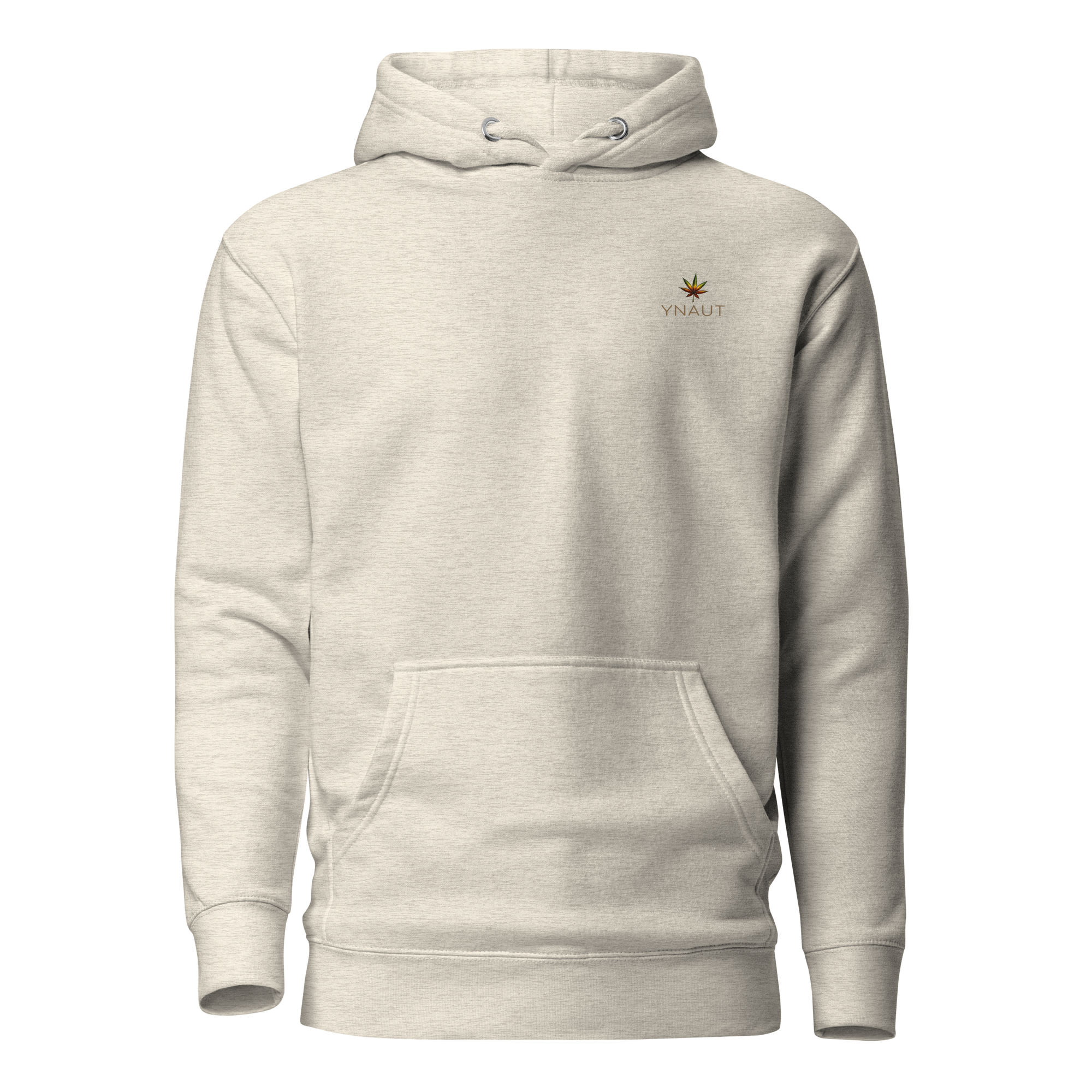 YNAUT Unisex Hoodie with printed YNAUT logo, unisex-premium-pullover-hoodie-oatmeal-heather-front-69d92b5255754