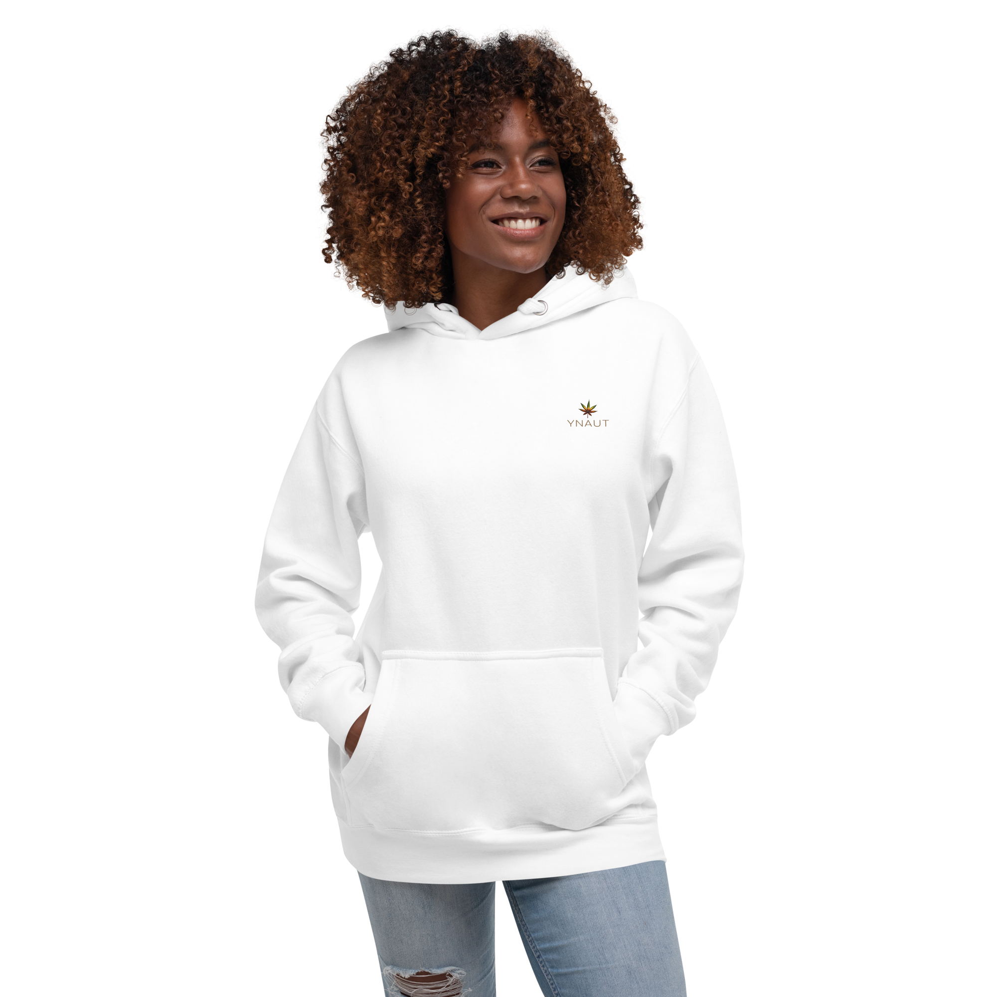 YNAUT Unisex Hoodie with printed YNAUT logo, unisex-premium-pullover-hoodie-white-front-69d92b52524d3