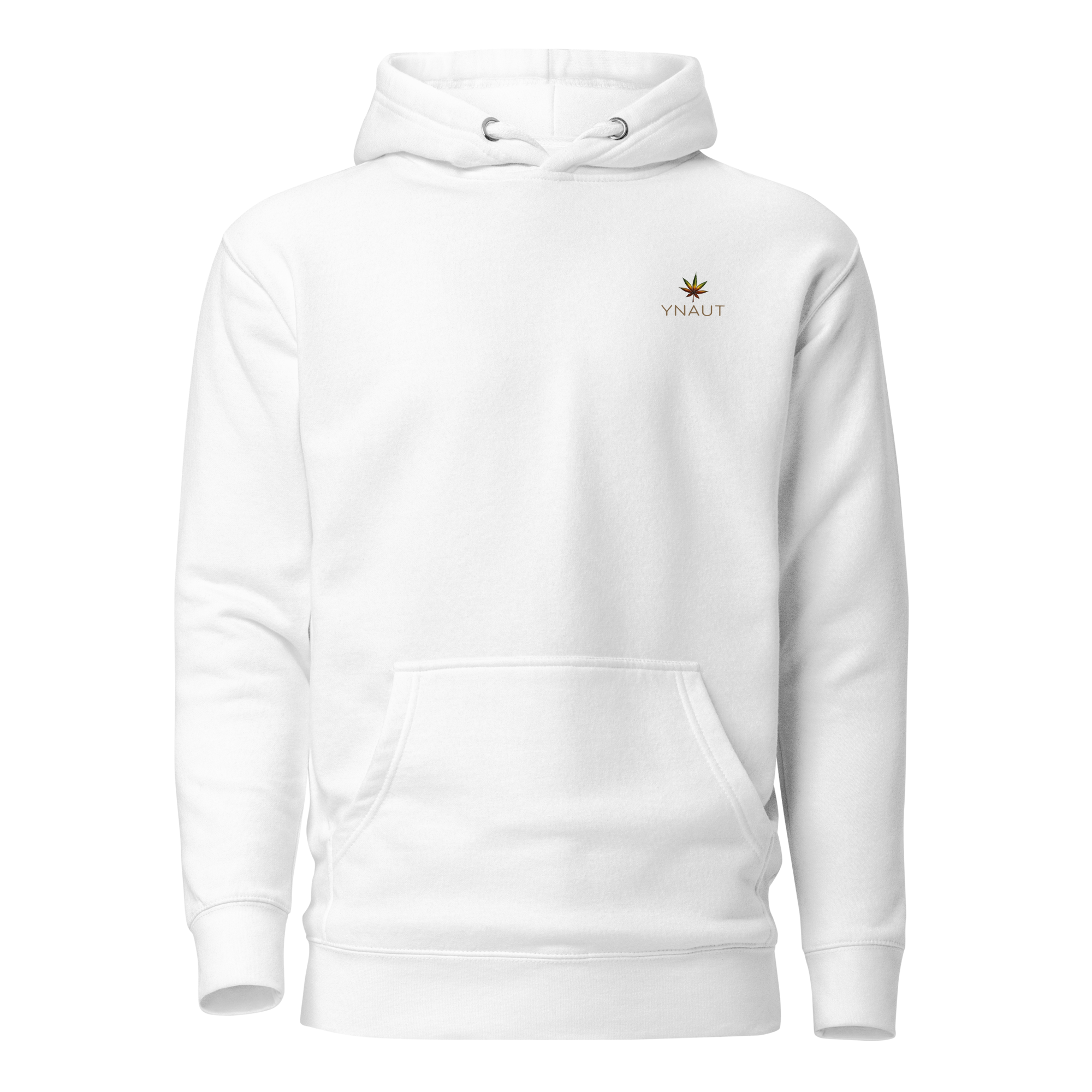 YNAUT Unisex Hoodie with printed YNAUT logo, unisex-premium-pullover-hoodie-white-front-69d92b5255562