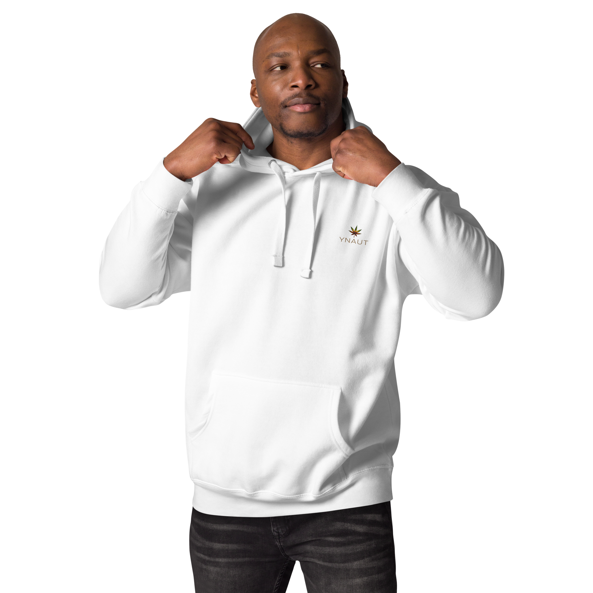 YNAUT Unisex Hoodie with printed YNAUT logo, unisex-premium-pullover-hoodie-white-front-69d92b52575df