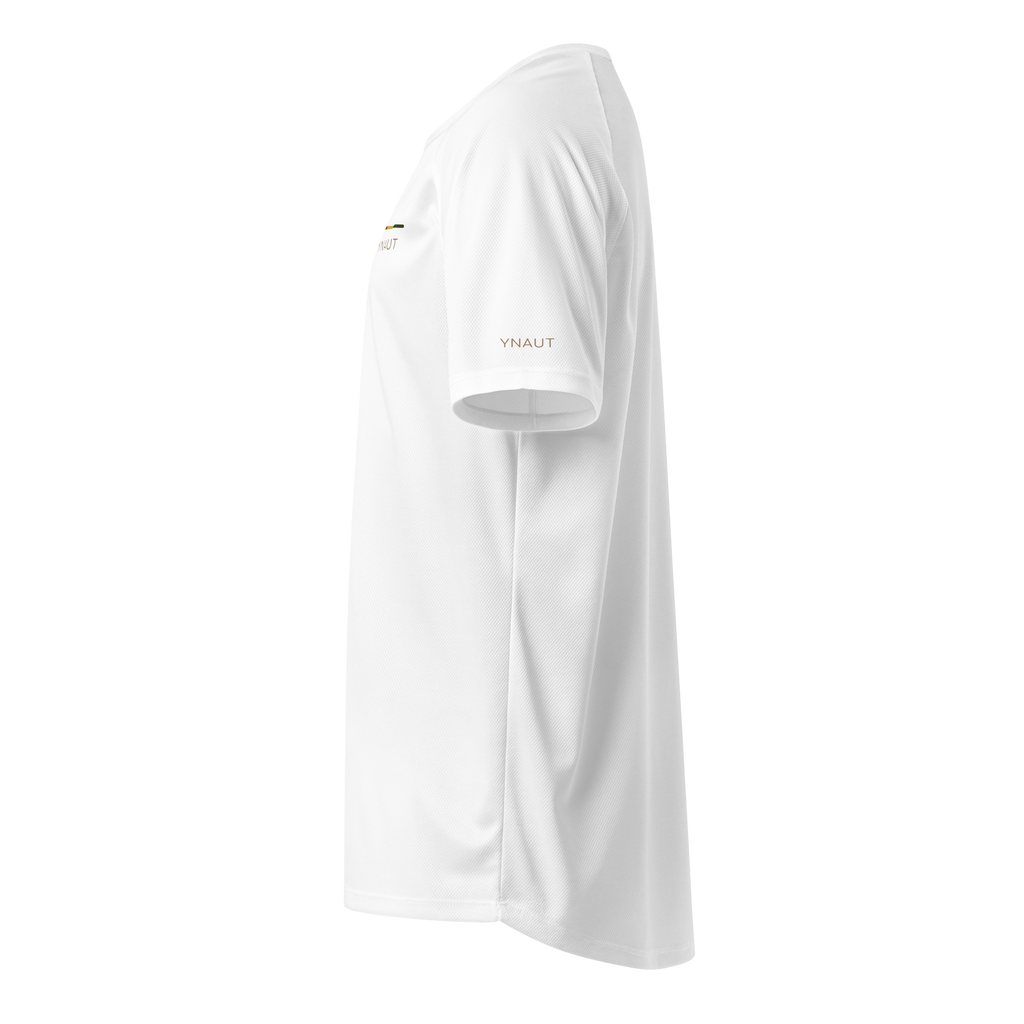 Unisex Sports Jersey | Rhythm Collection | YNAUT with printed YNAUT logo, unisex-sports-jersey-white-left-6ab30e959c304